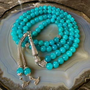 REAL Blue Jade Islamic Prayer Beads, Natural Stone 99 Beads, Tasbih, Misbaha, Tasbeeh, Rosary, Misbah, Tasbih 99, Tasbih Personalized 8mm