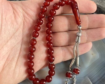 REAL Red Agate Aqeeq , Agate Imama, Islamic Prayer Beads, Natural Stone, 33 Beads Tasbih, Misbaha, Tasbeeh, Rosary, Tasbih 33, 8mm