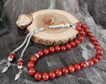 Genuine Red Agate Aqeeq Islamic Prayer Beads, 33 Beads Tasbih, Misbaha, 8mm Tasbeeh