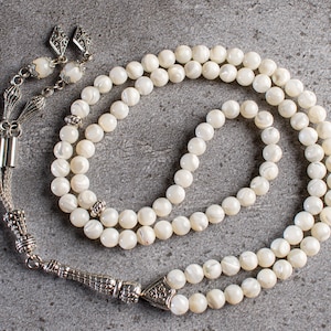 925 Silver & REAL Pearl Sedef Stone, Islamic Prayer Beads, Natural Stone, 99 Beads, Misbaha, Tasbeeh, Worry Beads, Tasbih 99, Sibha,  7mm