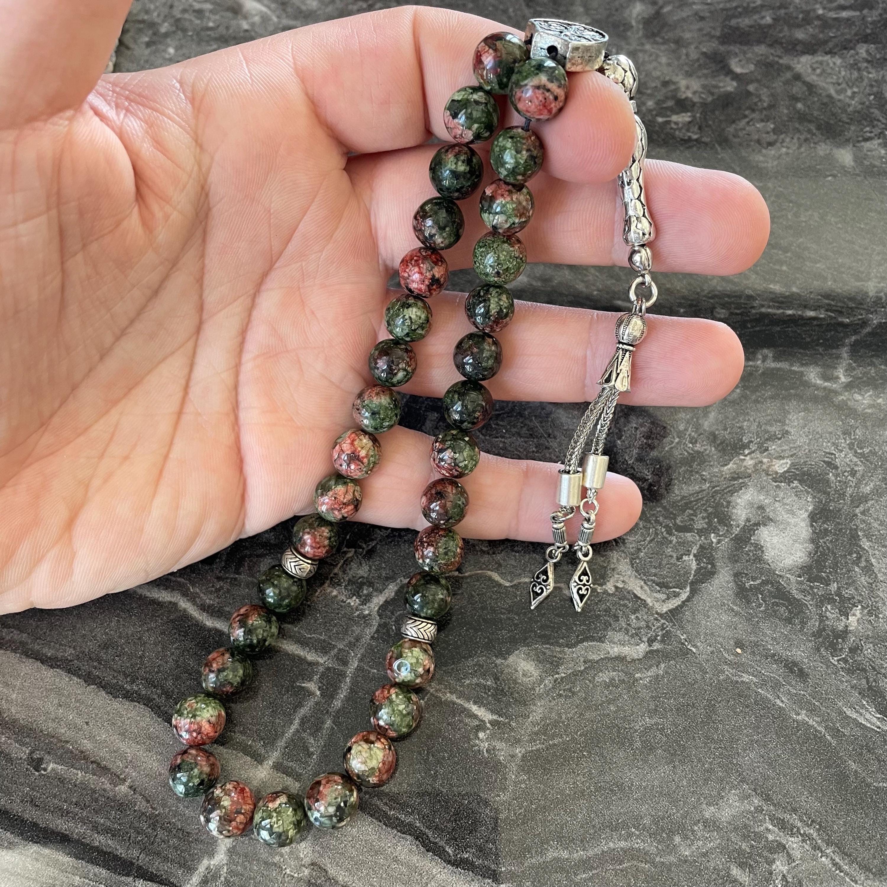 REAL Jade Oración Islámica 33 Cuentas, Tasbih, Tesbih, Misbaha, Tasbeeh, Cuentas de Preocupación, Sibha 33, Rosario 33, Tasbih 33, Tasbih Personalizado 10 mm
