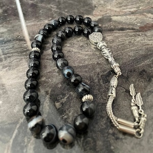REAL Black Agate Aqeeq Islamic Prayer 33 Beads, Tasbih,  Misbaha, Tasbeeh, Sibha, Rosary, Tasbih 33, Tasbih Personalized , Big Size 10mm