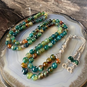 REAL Agate Aqeeq Islamic Prayer Beads, Natural Stone 99 Beads, Tasbih 99, Misbaha 99, Tasbeeh, Rosary 99, Muslim Gift, Tasbih Customized 8mm