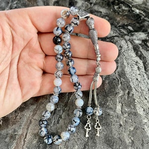 REAL White Agate Aqeeq Islamic Prayer Beads, Natural Stone, Misbaha, Tasbih 33 Beads, Muslim, Rosary, Dhikr Beads, Tasbeeh, Worry Beads, 8mm