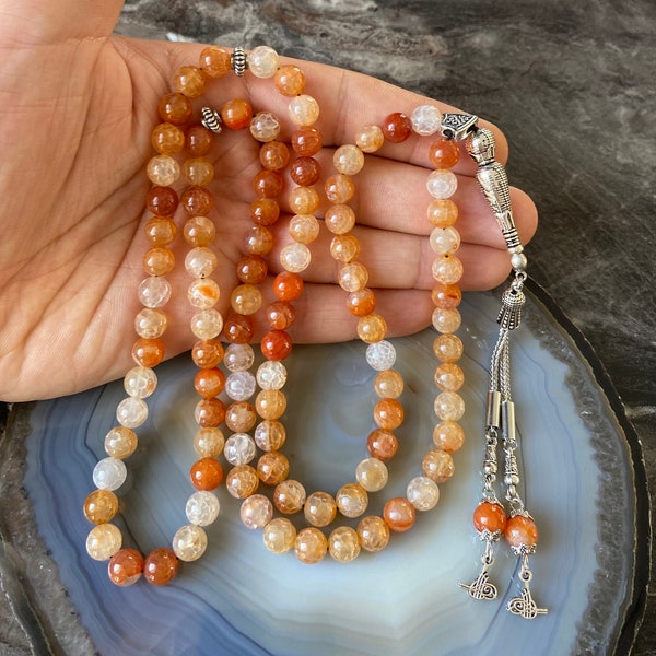 VRAIES Agate Aqeeq Perles de prière islamique, Pierre naturelle 99 Perles, Tasbih, Misbaha, Tasbeeh, Musulman, Rosaire, Tasbih 99, Tasbih personnalisé 8mm