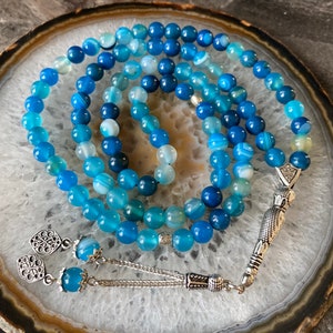 ECHT Blau Madagaskar Achat Aqeeq Islamische Gebetskette, Naturstein 99 Perlen, Tasbih 99, Misbaha, Tasbeeh, Rosenkranz, Tasbih, BIG SIZE 8 mm