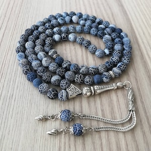 Vraie agate bleue Aqeeq, perles de prière islamiques, pierre naturelle, 99 perles, Misbaha, Tasbeeh, Sibha, soucis, Tasbih 99, Tasbih personnalisés 8 mm