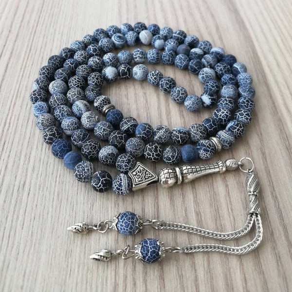 REAL Blue Agate Aqeeq, Islamic Prayer Beads, Natural Stone, 99 Beads, Misbaha, Tasbeeh, Sibha, Worry Beads, Tasbih 99, Tasbih Customized 8mm