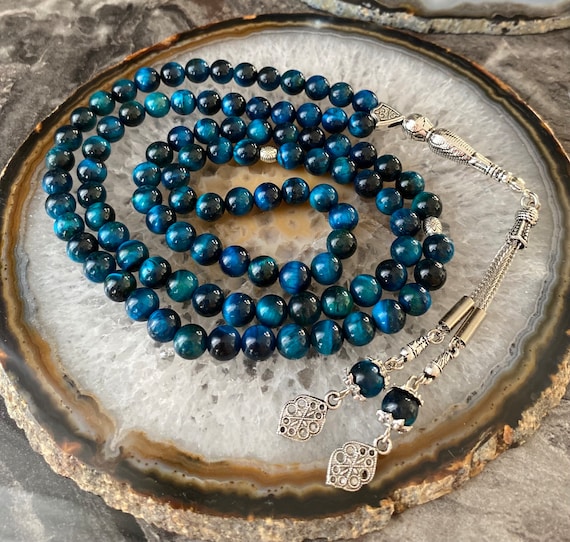 REAL Blue Tiger Eye Islamic Prayer Beads, Natural Stone 99 Beads