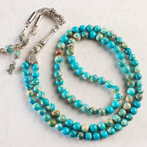 REAL L Blue Variscite Islamic Prayer Beads, Tasbih 99 Beads, Misbaha, Tasbeeh, Muslim gift, Sibha, Rosary, Tasbih 99, Tasbih Customized 6mm