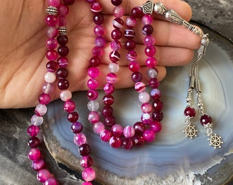 REAL Pink Agate Aqeeq Islamic Prayer Beads, Natural Stone 99 Beads, Tasbih, Misbaha 99, Tasbeeh, Rosary, Tasbih 99, Tasbih Customized 8mm