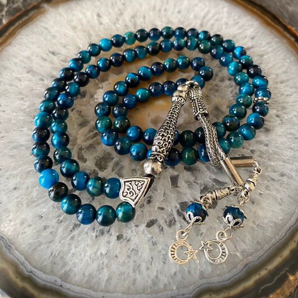 REAL Blue Tiger Eye Islamic Prayer Beads, Natural Stone 99 Beads, Worry Beads, Misbaha, Tasbeeh, Rosary,Ramadan Gift, Sibha, Tasbih 99, 6mm