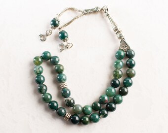 Moss Agate Islamic Prayer Beads, Natural Aqeeq Stone 33 Beads Tasbeeh, Tasbih Personalized 8mm
