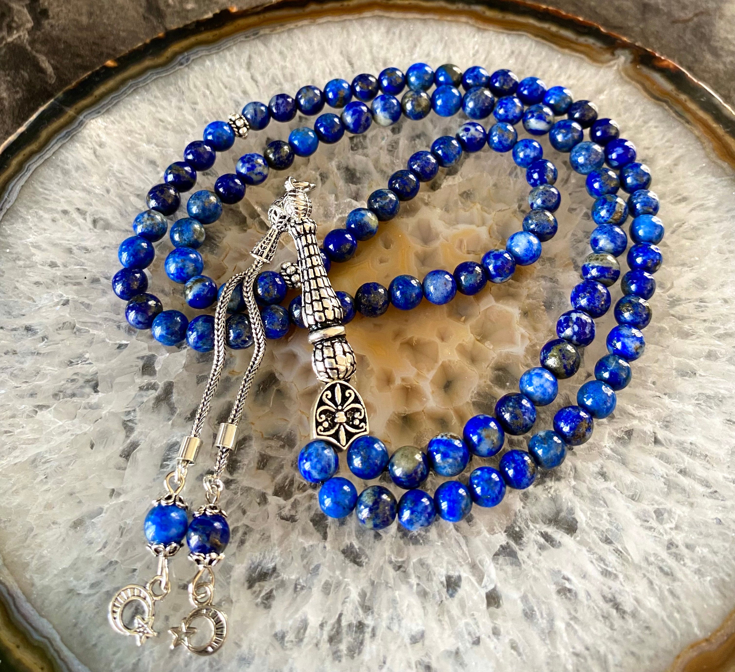 REAL 925 Silver Lapis Lazuli Islamic Prayer Beads, Tasbih 99 Beads, Misbaha, Tasbeeh, Muslim gift, Sibha, Tasbeeh 99, Tasbih Customized 6mm