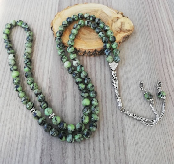 REAL Green Jade, Islamic Prayer Beads, Natural Stone, 99 Beads, Tasbih,  Misbaha, Tasbeeh, Muslim, Misbah, Tasbih 99, Tasbih Personalized 8mm 