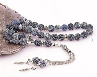 Ágata azul auténtica Aqeeq, cuentas de oración islámicas, piedra natural, 33 cuentas, misbaha, tasbih, cuentas de preocupación, tasbih 33, tasbih personalizado de 8 mm