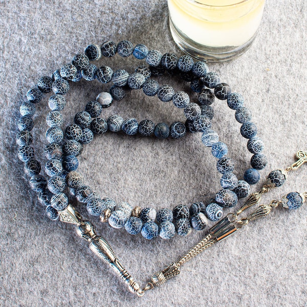 REAL Blue Agate Aqeeq, Islamic Prayer Beads, Natural Stone, 99 Beads, Misbaha, Tasbeeh, Worry Beads, Tasbih 99, Tasbih Personalized 8mm