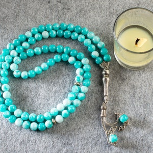REAL Blue Jade, Islamic Prayer Beads, Natural Stone, 99 Beads, Tasbih, Misbaha, Tasbeeh, Muslim Rosary, Tasbih 99, Tasbih Personalized 8mm