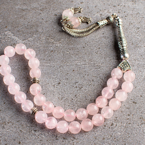 Prawdziwe różowe koraliki modlitewne z kwarcu, kamień naturalny, 33 koraliki, Tasbih, Misbaha, Tasbeeh, różaniec, Sibha, Tasbih 33, Tasbih spersonalizowany 8 mm