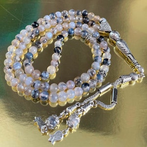REAL White Agate, Aqeeq Islamic Prayer Beads, Natural Stone 99 Beads, Tasbih, Misbaha, Tasbeeh, Rosary, Tasbih 99, Tasbih Personalized 6mm