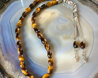Cuentas de oración islámicas de ojo de tigre real, piedra natural, misbaha, sibha, tasbih (33 cuentas), musulmán, rosario, tasbih personalizado (9 x 6 mm)