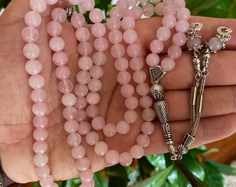 REAL Pink Quartz , Islamic Prayer Beads, Natural Stone 99 Beads, Tasbih, Misbaha, Tasbeeh, Rosary, Eid Gift, Tasbih 99, Big Size 8mm