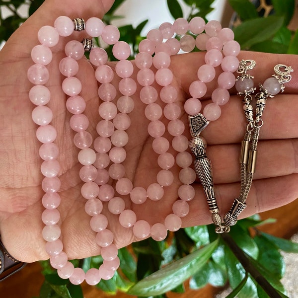 REAL Pink Quartz Islamic Prayer Beads: Natural Stone Tasbeeh, Misbaha Tasbih (8mm)