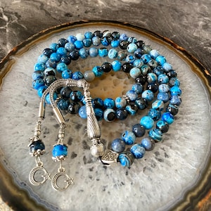 Blue Agate Tasbih, 99 Beads Islamic Prayer Beads, Natural Agate Stone Misbaha, Handmade Muslim Gift
