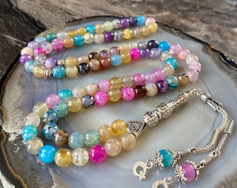 REAL Multicolor Agate Aqeeq Islamic Prayer Beads, Gem Stone 99 Beads, Misbaha, Worry Beads 99, Tasbih 99, Muslim Gift, Tasbih Customized 8mm