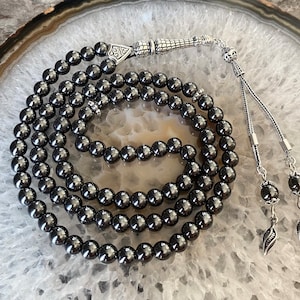 925 Silver REAL Hematite Islamic Prayer Beads, Natural Stone 99 Beads, Misbaha, Tasbeeh, Rosary, Sibha, Tasbih 99, Tasbih Personalized 6mm