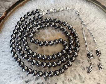 925 Silver REAL Hematite Islamic Prayer Beads, Natural Stone 99 Beads, Misbaha, Tasbeeh, Rosary, Sibha, Tasbih 99, Tasbih Personalized 6mm