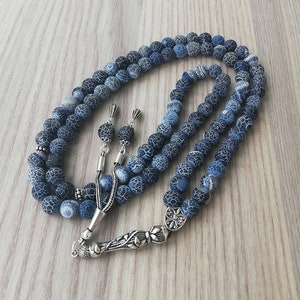 ECHT 925 Silber Blau Achat Aqiq, Islamische Gebetskette, Naturstein, 99 Perlen, Misbaha, Tasbeeh, Sorgenperlen, Tasbih 99, Tasbih Kundenspezifisch