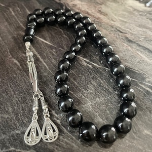 REAL Oltu Jet, Islamic Prayer Beads, Natural Stone 33 Beads, Tasbih, Misbaha, Tasbeeh, Rosary, Tasbih 33, Sibha, Tasbih Personalized, 12mm
