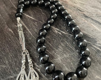 REAL Oltu Jet, Islamic Prayer Beads, Natural Stone 33 Beads, Tasbih, Misbaha, Tasbeeh, Rosary, Tasbih 33, Sibha, Tasbih Personalized, 12mm