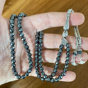 REAL Hematite (Star Cut) Islamic Prayer Beads, Natural Stone 99 Beads, Tasbih, Misbaha, Tasbeeh, Rosary, Tasbih 99, Tasbih Personalized 6mm