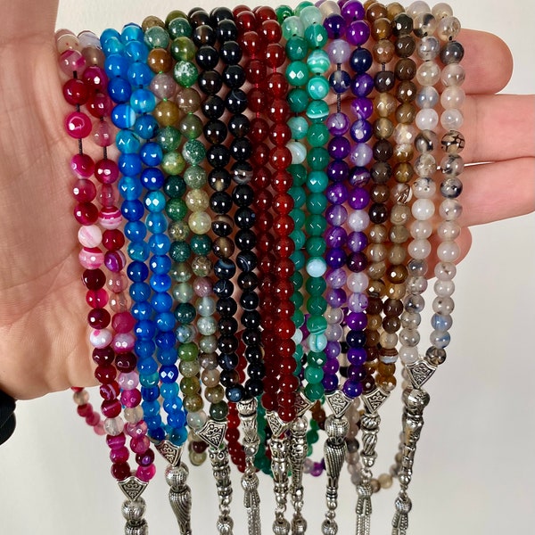 GRANDE CAMPAGNE - Choisissez votre lot de 2 Tasbihs de couleur préférée à prix réduit ! Perles de prière islamiques en agate Aqeeq, pierre naturelle 99 perles, tasbih 99