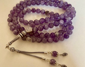 925 Silver Amethyst Islamic Prayer Beads, 99 Beads Tasbih, 8mm Natural Stone Tasbeeh