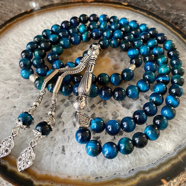 Véritables perles de prière islamiques bleues en oeil de tigre, pierre naturelle 99 perles, tasbih, misbaha, tasbeeh, chapelet, sibha, tasbih 99, 8 mm