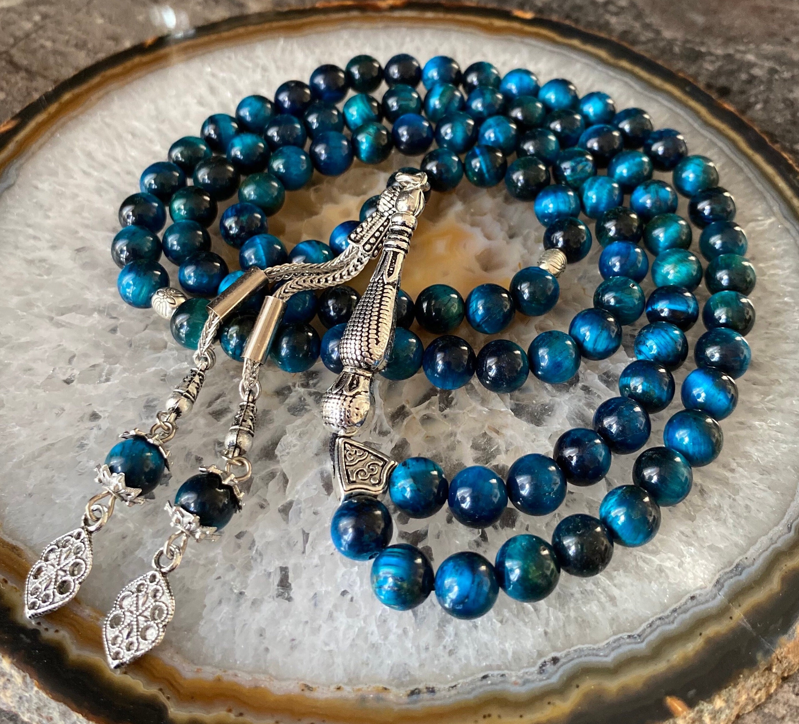 REAL Blue Tiger Eye Islamic Prayer Beads, Natural Stone 99 Beads