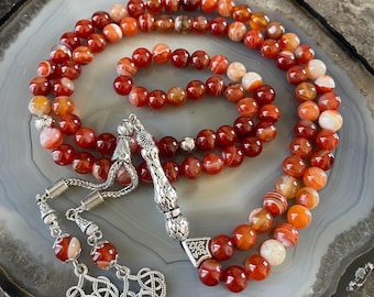 REAL Carnelian Agate Aqeeq Islamic Prayer Beads, Natural Stone 99 Beads, Tasbih, Misbaha, Tasbeeh, Rosary, Tasbih 99, Tasbih Customized 8mm