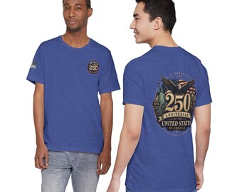 May include: Blue t-shirts featuring the text "America 250" on the front and a design on the back commemorating the 250th anniversary of the United States of America. The design includes an eagle, the Statue of Liberty, and the American flag.