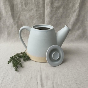 May include: A ceramic teapot with a light blue glazed upper section and a matte beige base. The teapot features a curved handle, a wide spout, and a separate circular lid with a central knob. A small sprig of green herbs rests beside the base.