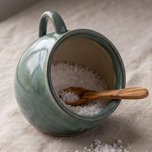 Pode incluir: Um saleiro esférico de cerâmica com um esmalte verde-sálvia brilhante e uma única alça, cheio de sal marinho branco grosso. Uma pequena colher de madeira com um padrão de veios distinto repousa dentro do recipiente, parcialmente submersa no sal.
