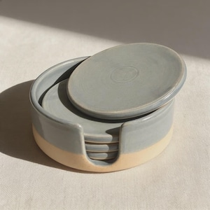 Handmade Ceramic Coaster Set with Holder: Earth & Ocean Glaze Stoneware