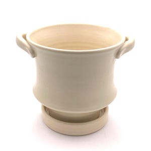 Ciotola per frutti di bosco in gres realizzata a mano con piattino – Smalti Earth Ocean / Ceramica ecologica Warm White