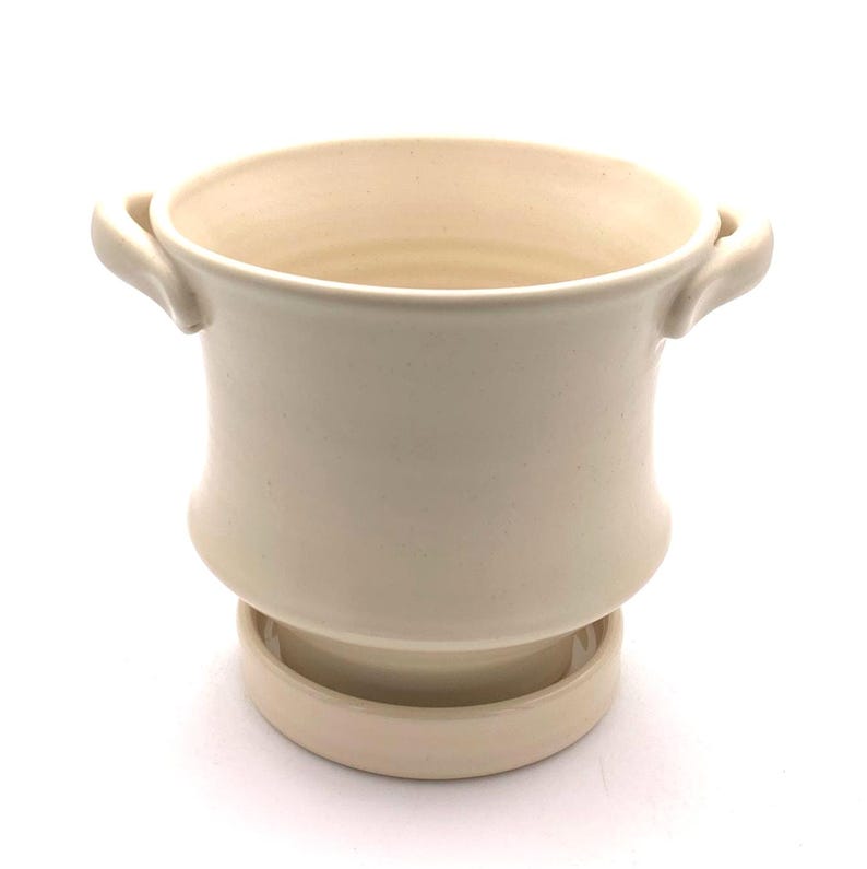 Ciotola per frutti di bosco in gres realizzata a mano con piattino – Smalti Earth Ocean / Ceramica ecologica Warm White