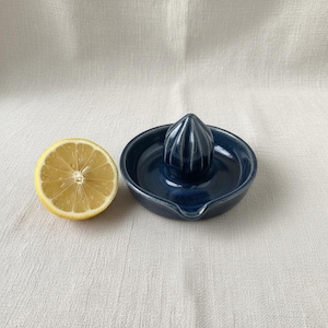 May include: A dark blue ceramic citrus juicer with a central ribbed reamer and a circular basin featuring a small pouring spout, positioned next to a halved yellow lemon showing its internal pulp and seeds in a clear, detailed cross-section.