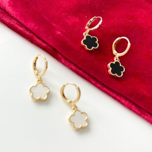 Black Four Leaf Clover Hooped Earrings With Gold Rims Gift 