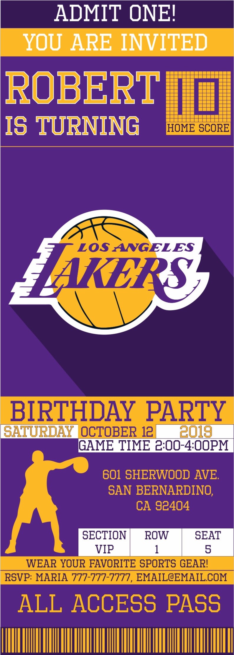 Los Angeles Lakers Birthday Invitation Ticket Invitation Etsy