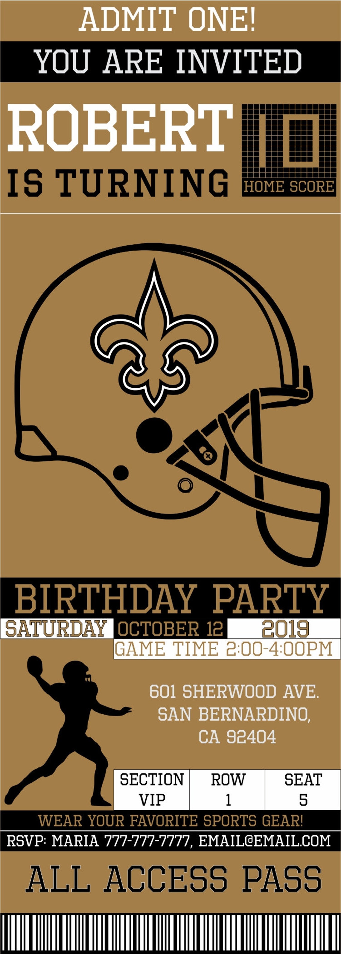 New Orleans Saints Birthday Invitation Ticket Invitation | Etsy